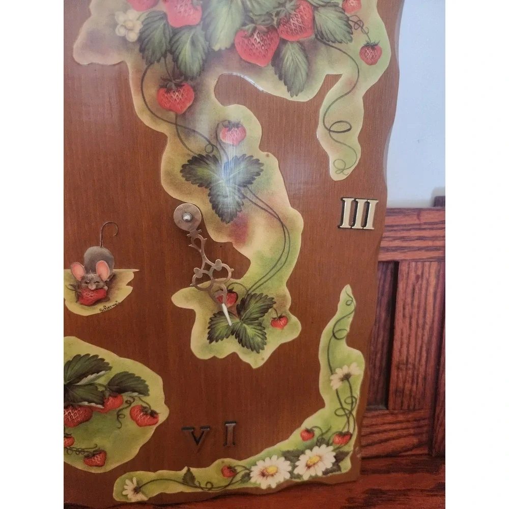Vintage Wood‎ Clock Strawberries Mice Greenery Gold Cottage Core